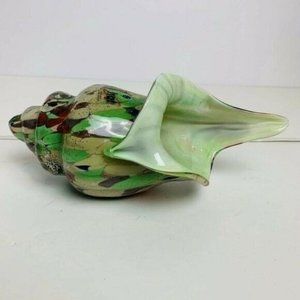 HQT Handmade Home Design Art Glass Shell Green Multicolor Collectible Rare 10"